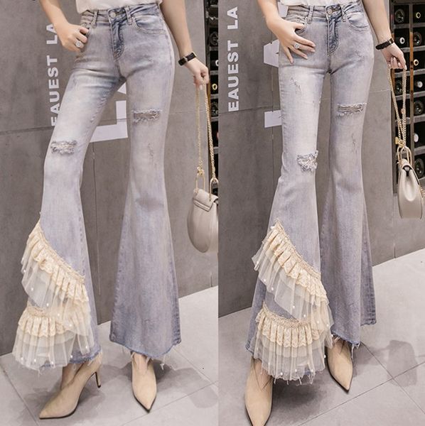 women's jeans layers lotus-leaf lace stitched pants super fairy beads skinny flare trousers ladies high waist ripped long denim rnww, Blue
women's jeans layers lotus-leaf lace stitched pants super fairy beads skinny flare trousers ladies high waist ripped long denim rnww, Blue