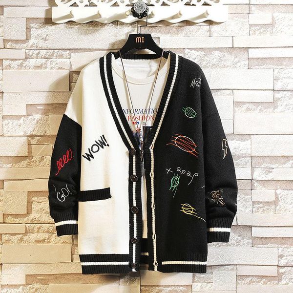 men's sweaters v-neck cardigan color matching embroidery all-match sweater stitching long sleeve coat fashion male clothes loose autumn, White;black
men's sweaters v-neck cardigan color matching embroidery all-match sweater stitching long sleeve coat fashion male clothes loose autumn, White;black