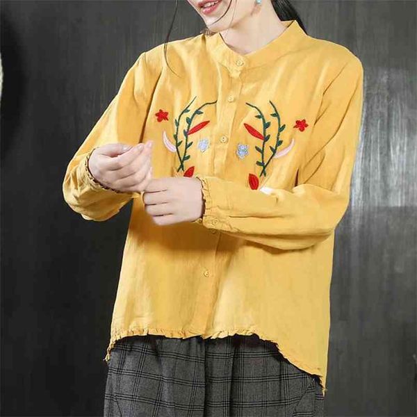 autumn arts style women long sleeve loose stand collar shirts floral embroidery vintage cotton linen blouse plus size d491 210512, White 
autumn arts style women long sleeve loose stand collar shirts floral embroidery vintage cotton linen blouse plus size d491 210512, White