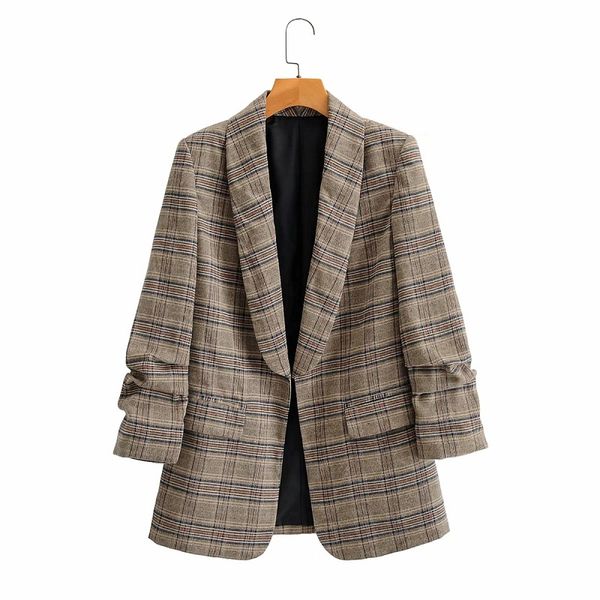 vintage chic plaid ruched sleeve open stitch jackets women fashion shawl collar long sleeve coats female outerwear, Black;brown
vintage chic plaid ruched sleeve open stitch jackets women fashion shawl collar long sleeve coats female outerwear, Black;brown