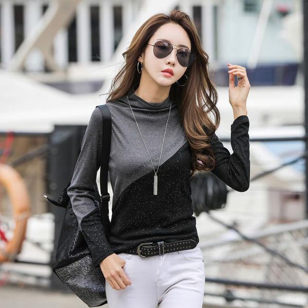 women's t-shirt spring 2021 color block patchwork women half turtleneck diamonds shiny long sleeve tee cotton, White
women's t-shirt spring 2021 color block patchwork women half turtleneck diamonds shiny long sleeve tee cotton, White
