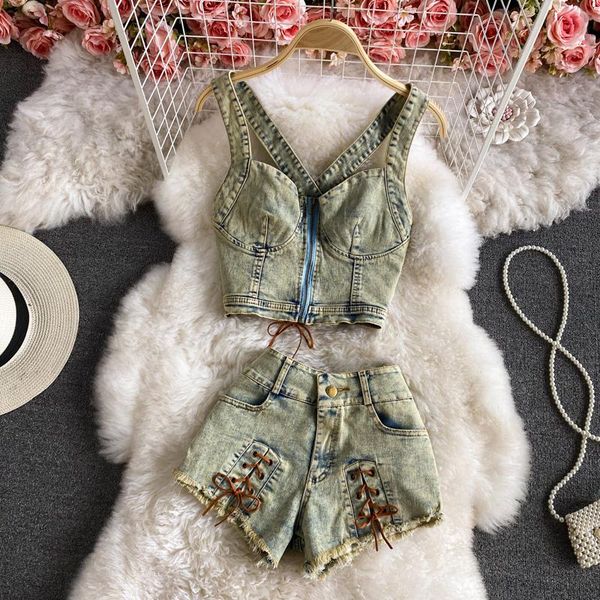 women's tracksuits 2021 summer cross backless short denim strap vest + fashion shirring shorts pants two piece set for women, Gray
women's tracksuits 2021 summer cross backless short denim strap vest + fashion shirring shorts pants two piece set for women, Gray