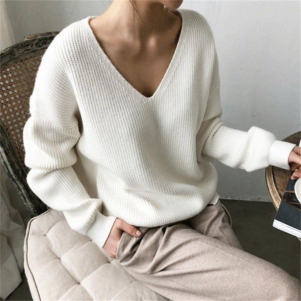 long sleeve loose knitted cashmere womens sweaters 2021 autumn winter casual v neck women pullover sweater solid women's, White;black
long sleeve loose knitted cashmere womens sweaters 2021 autumn winter casual v neck women pullover sweater solid women's, White;black