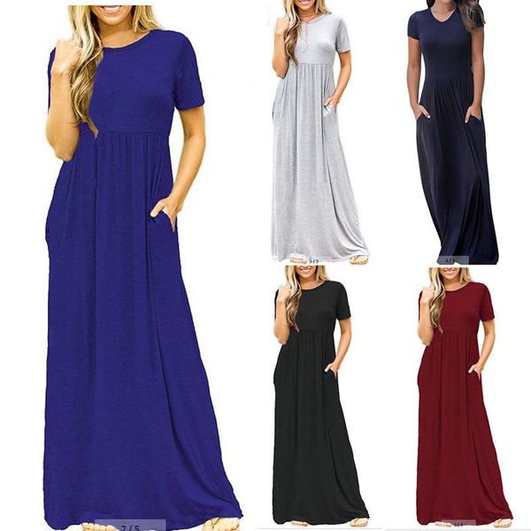 ladies loose short sleeve pocket around neck solid color dress long wl67, Black;gray
ladies loose short sleeve pocket around neck solid color dress long wl67, Black;gray
