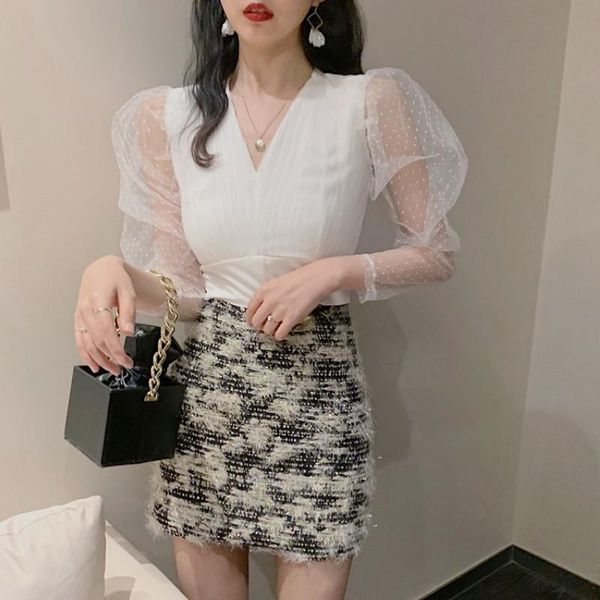 two piece dress 2021 spring 2 pieces suits lady fashion polka dot mesh blouse puff sleeve short +mini skirts women set femme, White
two piece dress 2021 spring 2 pieces suits lady fashion polka dot mesh blouse puff sleeve short +mini skirts women set femme, White