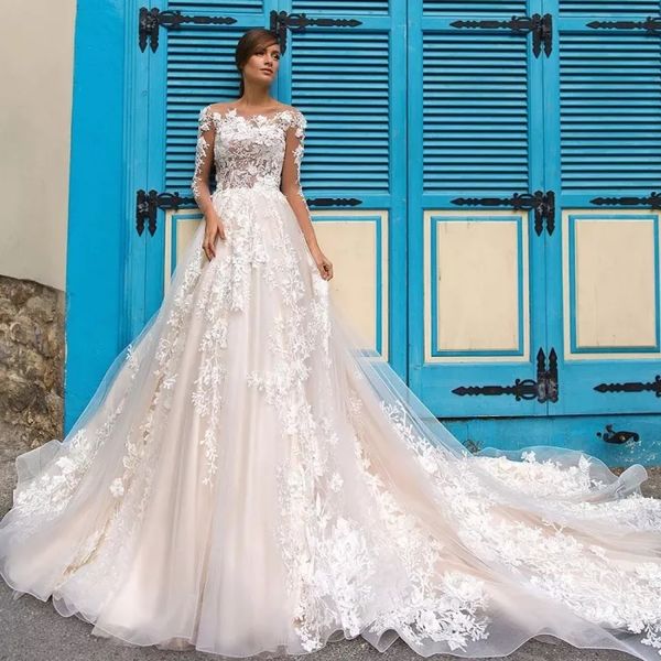 ball gown wedding dresses long sleeves lace appliqued illusion back boho bridal gowns long train bride dresses, White
ball gown wedding dresses long sleeves lace appliqued illusion back boho bridal gowns long train bride dresses, White