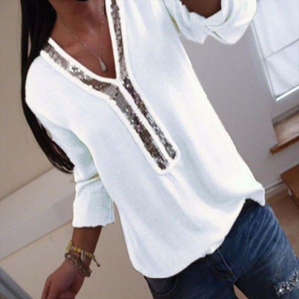 fashion long sleeve loose summer women blouses v neck casual clothing sequined solid soft clothes, White
fashion long sleeve loose summer women blouses v neck casual clothing sequined solid soft clothes, White
