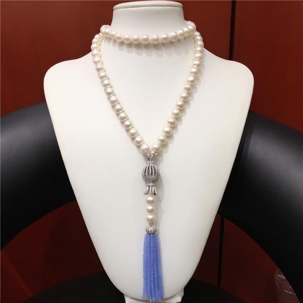 chains hand knotted natural 75+15cm 8-9mm white freshwater pearl micro inlay zircon clasp blue glass tassel necklace fashion jewelry, Silver
chains hand knotted natural 75+15cm 8-9mm white freshwater pearl micro inlay zircon clasp blue glass tassel necklace fashion jewelry, Silver