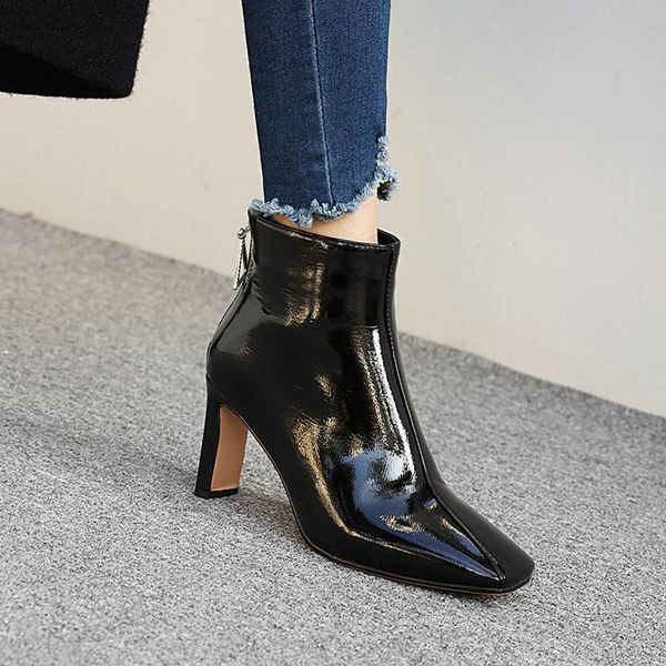 boots plus size patent leather ankle women 8cm chunky high heels short autumn winter fashion metal zipper black shoe
boots plus size patent leather ankle women 8cm chunky high heels short autumn winter fashion metal zipper black shoe