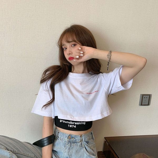 women's t-shirt white short sleeve fashion net red two piece suit of high waist open navel vest g1k5
women's t-shirt white short sleeve fashion net red two piece suit of high waist open navel vest g1k5