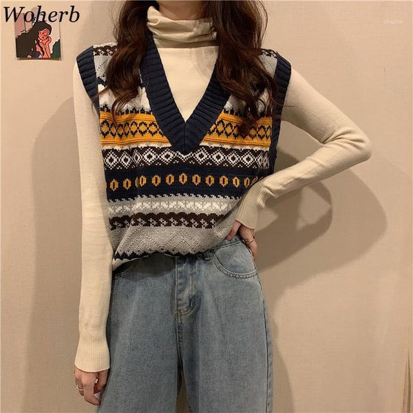 woherb vintage argyle plaid sweater vest for women autumn winter knitted pullovers v-neck casual loose knitwear female 2021 women's swe, White;black
woherb vintage argyle plaid sweater vest for women autumn winter knitted pullovers v-neck casual loose knitwear female 2021 women's swe, White;black