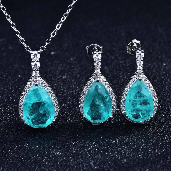 earrings & necklace exquisite water drop pendant necklace/earrings with fashion blue paraiba tourmaline stone women's wedding party jew, Silver
earrings & necklace exquisite water drop pendant necklace/earrings with fashion blue paraiba tourmaline stone women's wedding party jew, Silver
