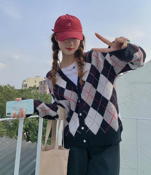 women's sweaters sanmuzi homemade early autumn loose plaid v-neck sweater coat temperament long sleeve with outside, White;black
women's sweaters sanmuzi homemade early autumn loose plaid v-neck sweater coat temperament long sleeve with outside, White;black