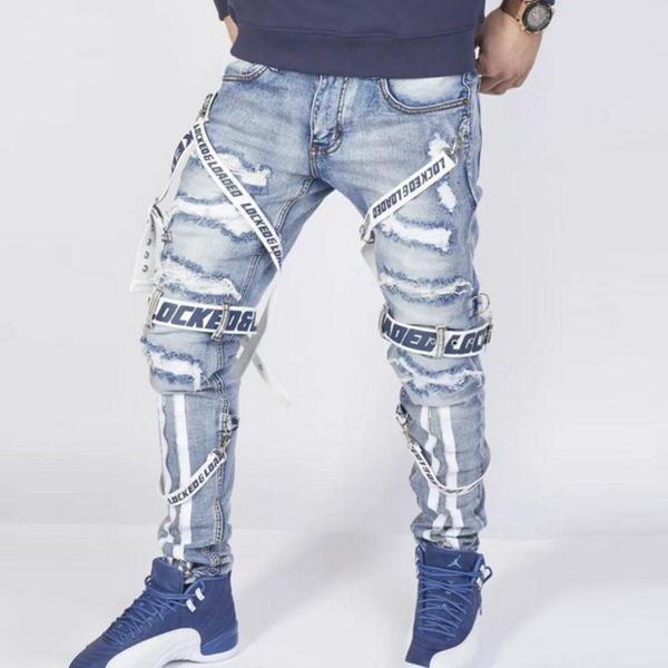 men's jeans autumn straight fashion trend personalized ribbon pierced small foot zipper decorative tooling, Blue
men's jeans autumn straight fashion trend personalized ribbon pierced small foot zipper decorative tooling, Blue