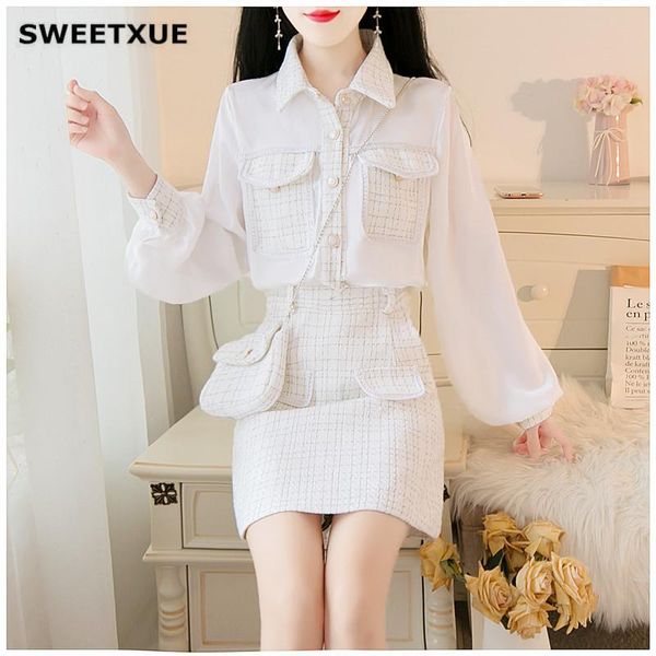 women's tracksuits sweetxue tweed stitching chiffon lapel single-breasted shirt + mini check skirt +bag casual cute 3-piece suit ladies, Gray
women's tracksuits sweetxue tweed stitching chiffon lapel single-breasted shirt + mini check skirt +bag casual cute 3-piece suit ladies, Gray