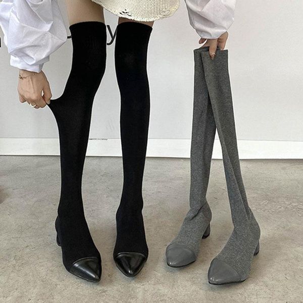boots slim weave sock women patchwork pointed toe ckunky heels knitted stretch botte femme over-the-knee stovepipe botas 2021, Black