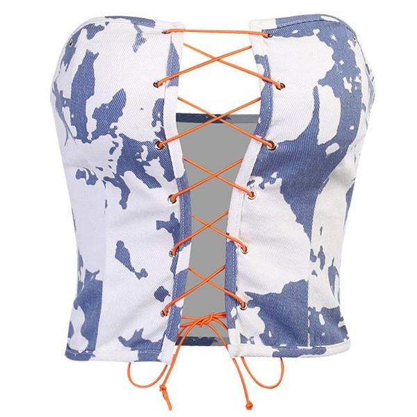 women's tanks & camis 573b women strapless off shoulder tube gradient contrast color printed denim camisole criss cross lace-up ban, White
women's tanks & camis 573b women strapless off shoulder tube gradient contrast color printed denim camisole criss cross lace-up ban, White