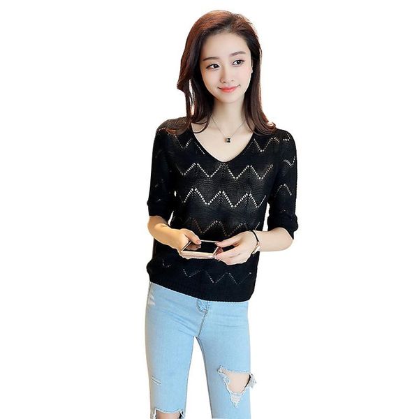 women's sweaters spring and summer hollow v-neck pullover thin knit sweater, White;black 
women's sweaters spring and summer hollow v-neck pullover thin knit sweater, White;black