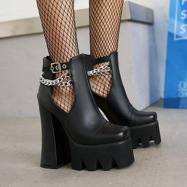 boots super high thick heel metal chain punk style summer cool breathable women's square toe waterproof platform boot, Black
boots super high thick heel metal chain punk style summer cool breathable women's square toe waterproof platform boot, Black