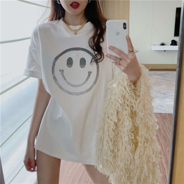 women's t-shirt white short sleeve summer 2021 korean fashion smile face medium length loose bottomed shirt h4dh
women's t-shirt white short sleeve summer 2021 korean fashion smile face medium length loose bottomed shirt h4dh
