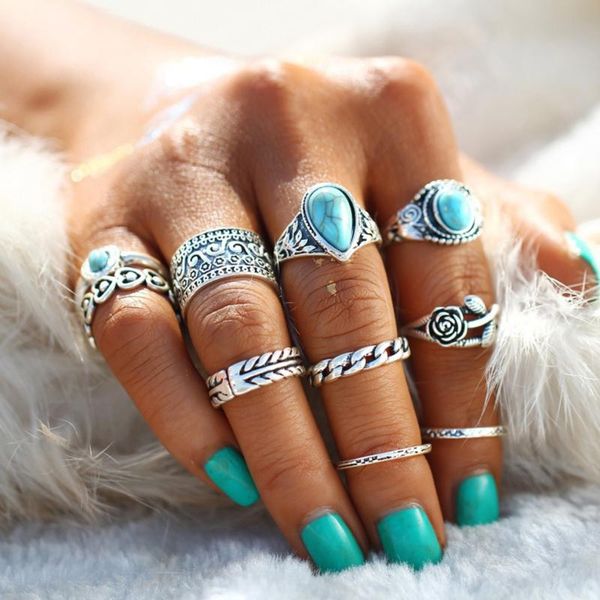 wedding rings retro midi set women antique silver color big blue stone flowers bohemian ring jewelry anillos 10pcs/set, Slivery;golden 
wedding rings retro midi set women antique silver color big blue stone flowers bohemian ring jewelry anillos 10pcs/set, Slivery;golden
