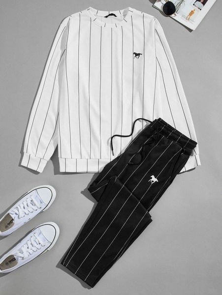 men horse print striped pullover & sweatpants set l8hc#, Gray