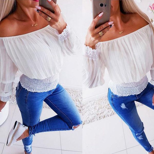 women's blouses & shirts solid color chiffon shirt splicing long sleeve one word collar european and american autumn temperament beach, White
women's blouses & shirts solid color chiffon shirt splicing long sleeve one word collar european and american autumn temperament beach, White