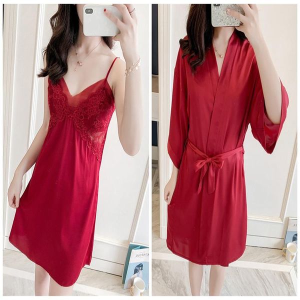 summer silk suspender nightdress bathrobe two-piece house suit with chest pad lace long sleeve female pijama de mujer women's sleepwear, Black;red
summer silk suspender nightdress bathrobe two-piece house suit with chest pad lace long sleeve female pijama de mujer women's sleepwear, Black;red