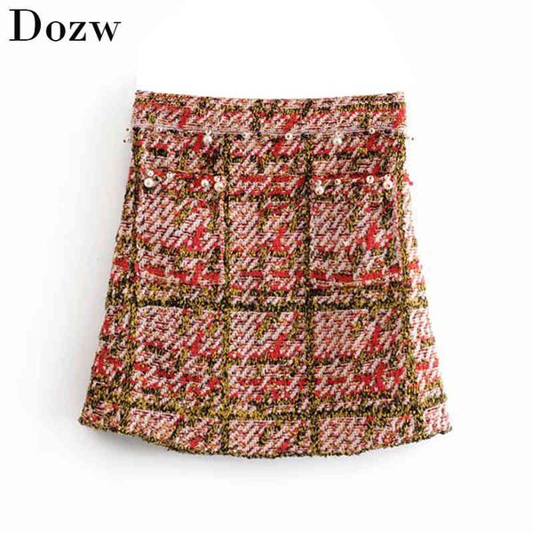 women elegant chic a-line plaid mini skirt stylish pearl decorate knitted pocket skirt high waist ladies vintage skirts 210414, Black
women elegant chic a-line plaid mini skirt stylish pearl decorate knitted pocket skirt high waist ladies vintage skirts 210414, Black
