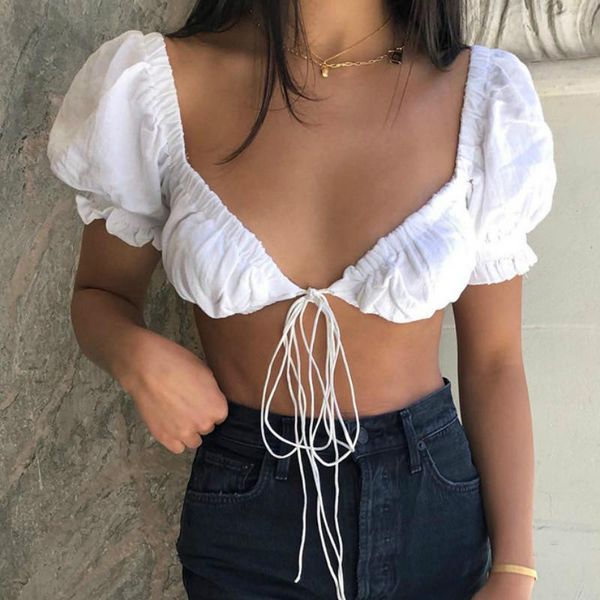 women's blouses & shirts 2021 fashion women crop summer short puff sleeve v neck cropped solid color female vintage blouse, White
women's blouses & shirts 2021 fashion women crop summer short puff sleeve v neck cropped solid color female vintage blouse, White