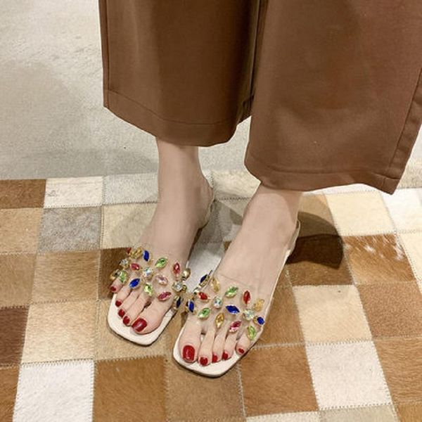 summer sandals and slippers women's outer wear thick heel rhinestone fashion all-match, Black
