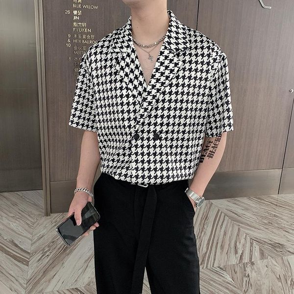 men's casual shirts summer short-sleeved fashion retro plaid men streetwear korean loose mens dress -2xl, White;black
