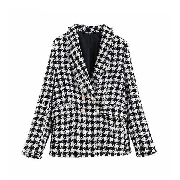 women's suits & blazers vintage stylish houndstooth double breasted blazer coat women 2021 fashion long sleeve frayed trims outerwear c, White;black
women's suits & blazers vintage stylish houndstooth double breasted blazer coat women 2021 fashion long sleeve frayed trims outerwear c, White;black