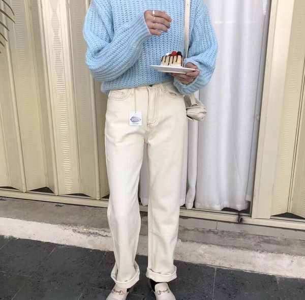 spring white jeans women denim pants high waist trousers korean mom streetwear easy women's, Blue 
spring white jeans women denim pants high waist trousers korean mom streetwear easy women's, Blue