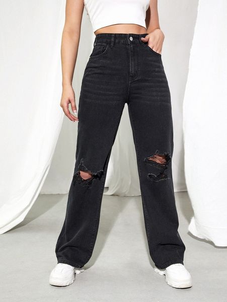 high waisted ripped straight leg jeans w8vh#, Blue