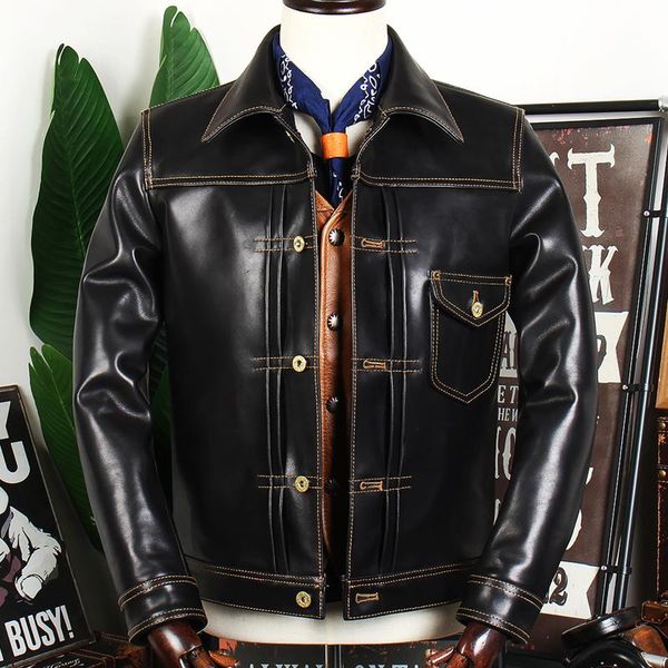 men's leather & faux 506 classic layer horseskin thickened lapel slim fit jacket short denim, Black
men's leather & faux 506 classic layer horseskin thickened lapel slim fit jacket short denim, Black