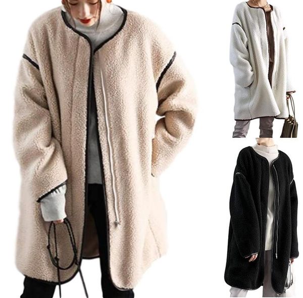 women's wool & blends autumn and winter coat solid stitching long-sleeved round collar zipper plush jacket, Black
women's wool & blends autumn and winter coat solid stitching long-sleeved round collar zipper plush jacket, Black
