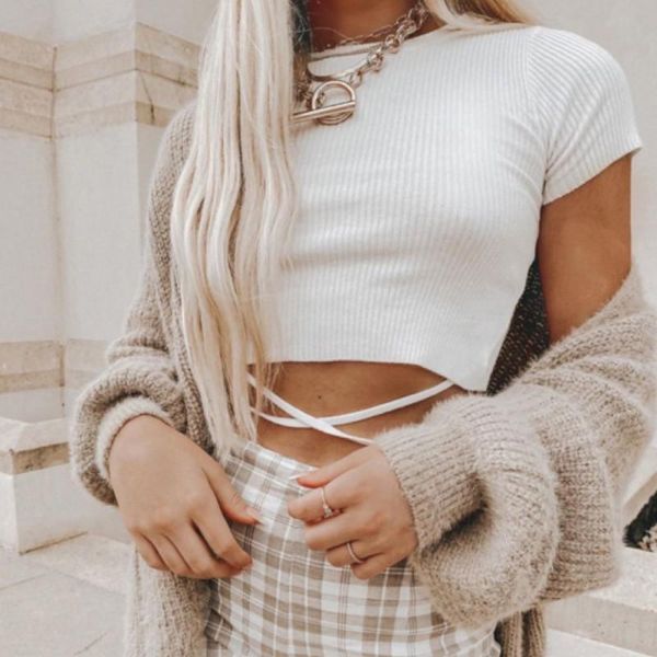 women's t-shirt womwn salling summer lacing female solid color short section exposed navel short-sleeved streewaer crop top, White
women's t-shirt womwn salling summer lacing female solid color short section exposed navel short-sleeved streewaer crop top, White