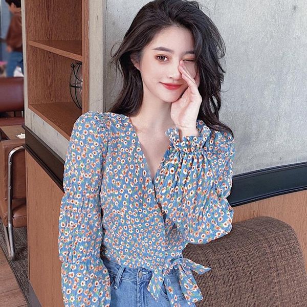 dream floral print long sleeve chiffon shirt women's short v-neck small blue flower puff blouse blouses & shirts, White
dream floral print long sleeve chiffon shirt women's short v-neck small blue flower puff blouse blouses & shirts, White