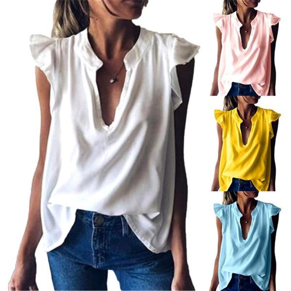 women fashion solid color v neck short ruffled sleeve loose t-shirt blouse s, White
women fashion solid color v neck short ruffled sleeve loose t-shirt blouse s, White