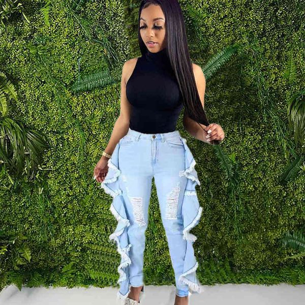 ladies fashion casual street hole lotus leaf tassel elastic button zipper small leg jeans, Blue
ladies fashion casual street hole lotus leaf tassel elastic button zipper small leg jeans, Blue