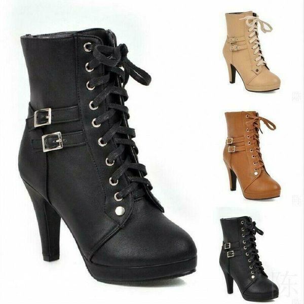 boots retro womens round toe block high heel lace up knight ankle work shoes, Black