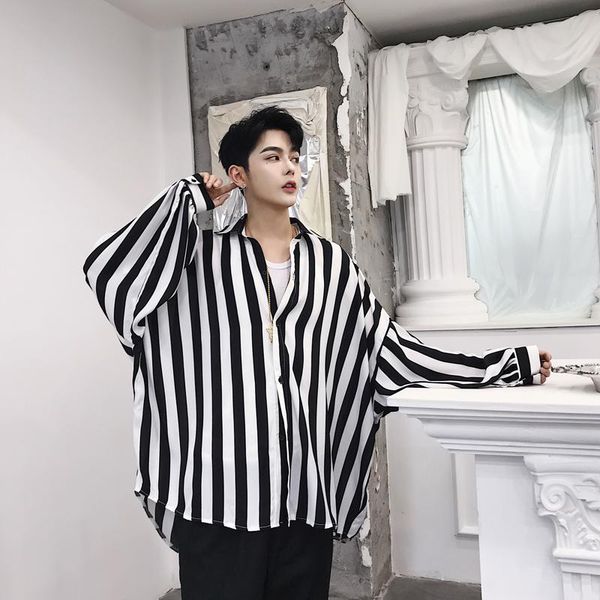 men's casual shirts summer black white vertical striped oversize men shirt vintage korean style blouse man punk hip hop loose big size, White;black
men's casual shirts summer black white vertical striped oversize men shirt vintage korean style blouse man punk hip hop loose big size, White;black