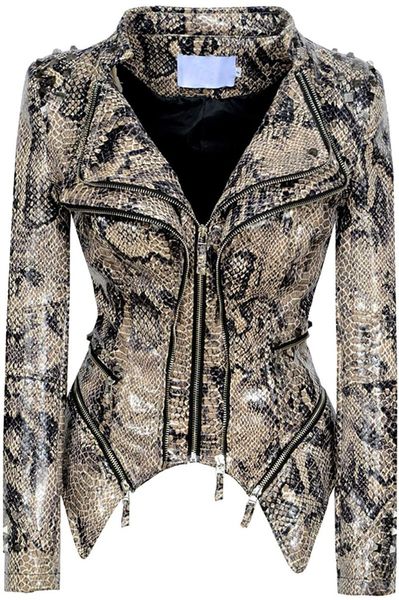 women's leather & faux fashion snake pattern print studded moto pu biker jacket riveting nail slim waist hugging jackets, Black
women's leather & faux fashion snake pattern print studded moto pu biker jacket riveting nail slim waist hugging jackets, Black