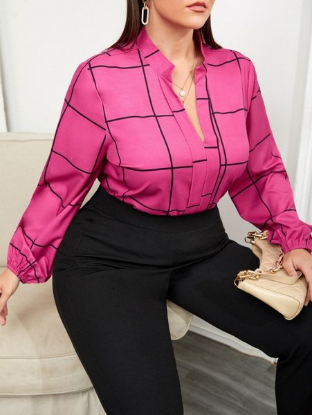 plus windowpane print lantern sleeve blouse j0u1#, Black
plus windowpane print lantern sleeve blouse j0u1#, Black