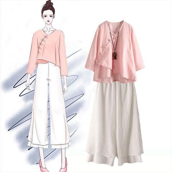improved hanfu suit chinese style womenpant retro v neck buckle shirt and loose wide leg pants two piece set women, White
improved hanfu suit chinese style womenpant retro v neck buckle shirt and loose wide leg pants two piece set women, White