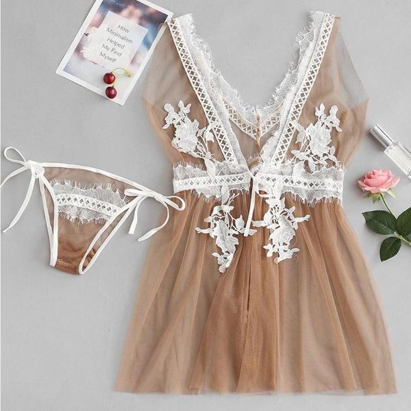 female lace mesh deep-v backless nightdress g-string erotic sleepwear set perspective design women's swimwear, White;black
female lace mesh deep-v backless nightdress g-string erotic sleepwear set perspective design women's swimwear, White;black