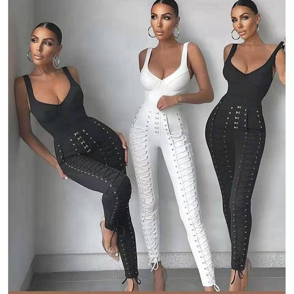 women's two piece pants 2021 black white hollow out cross bandage women pieces set solid bodysuit & casual skinny long streetwear h1145
women's two piece pants 2021 black white hollow out cross bandage women pieces set solid bodysuit & casual skinny long streetwear h1145