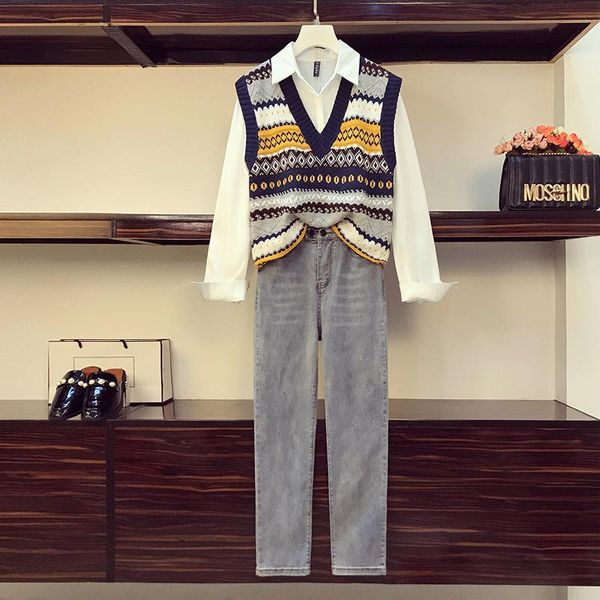 casual dresses large size women's vintage three piece suit autumn casual vest and shirt jeans matching clothes l-4xl big b3rn, Black;gray 
casual dresses large size women's vintage three piece suit autumn casual vest and shirt jeans matching clothes l-4xl big b3rn, Black;gray