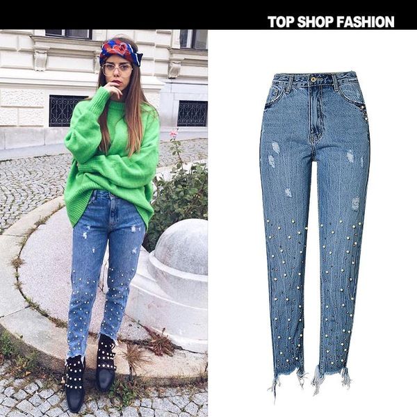 high-rise jeans slim straight pearl 3 color studded irregular feet tassel shredded denim trousers fashion casual wild women's, Blue
high-rise jeans slim straight pearl 3 color studded irregular feet tassel shredded denim trousers fashion casual wild women's, Blue
